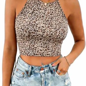 Leopard Print Halter Neck Cropped Slim-Fit Tank Top, XS